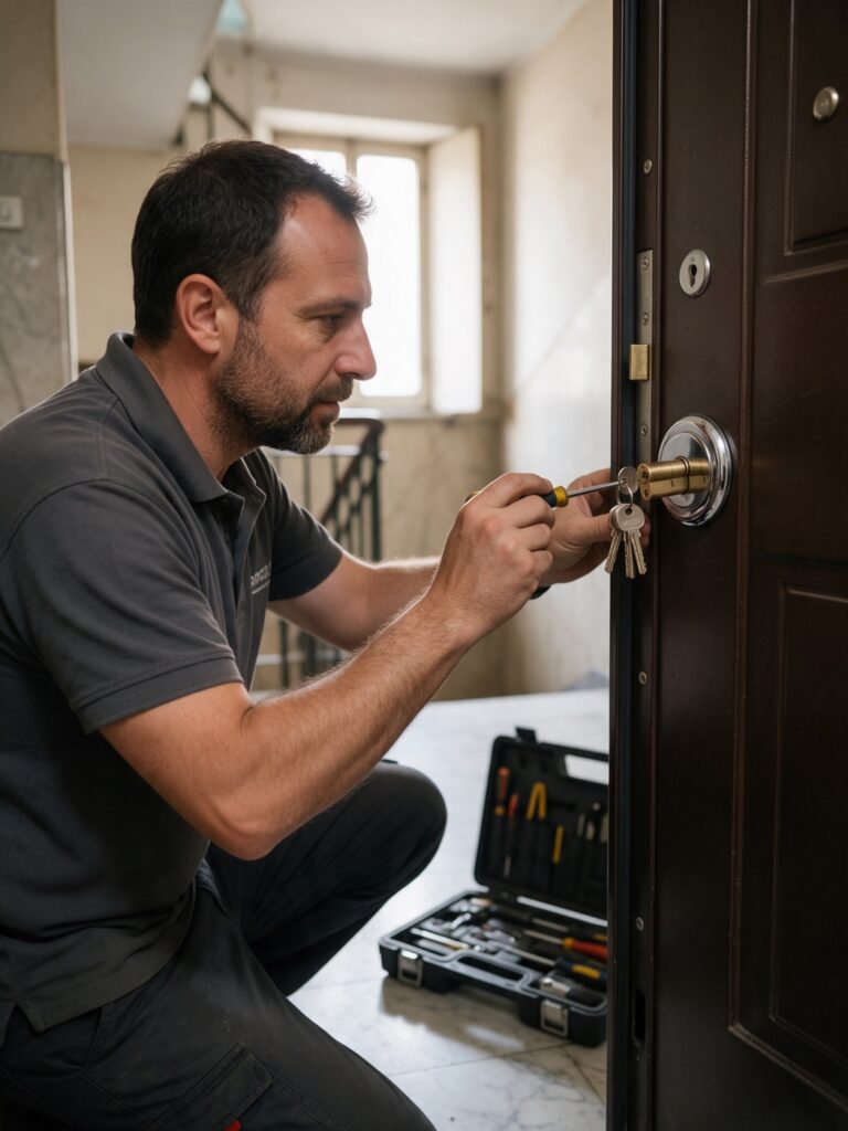 Fabbro a Genova monta un nuovo cilindro europeo con defender su una porta blindata