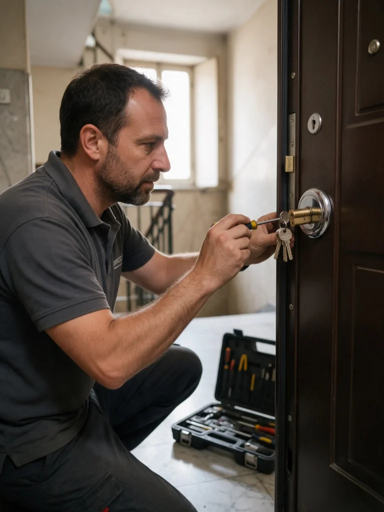 Fabbro a Genova monta un nuovo cilindro europeo con defender su una porta blindata