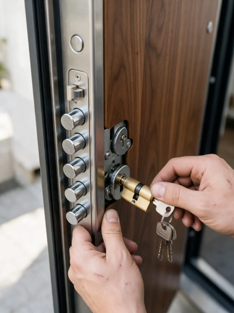 Cilindro europeo nuovo montato su una porta blindata con chiavistelli, chiavi nuove in mano al fabbro