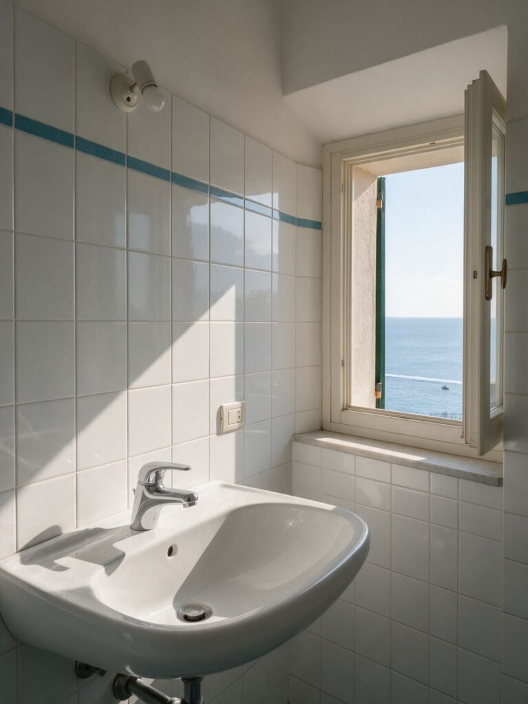 Bagno di una casa sul mare nel Tigullio con lavabo e rubinetto