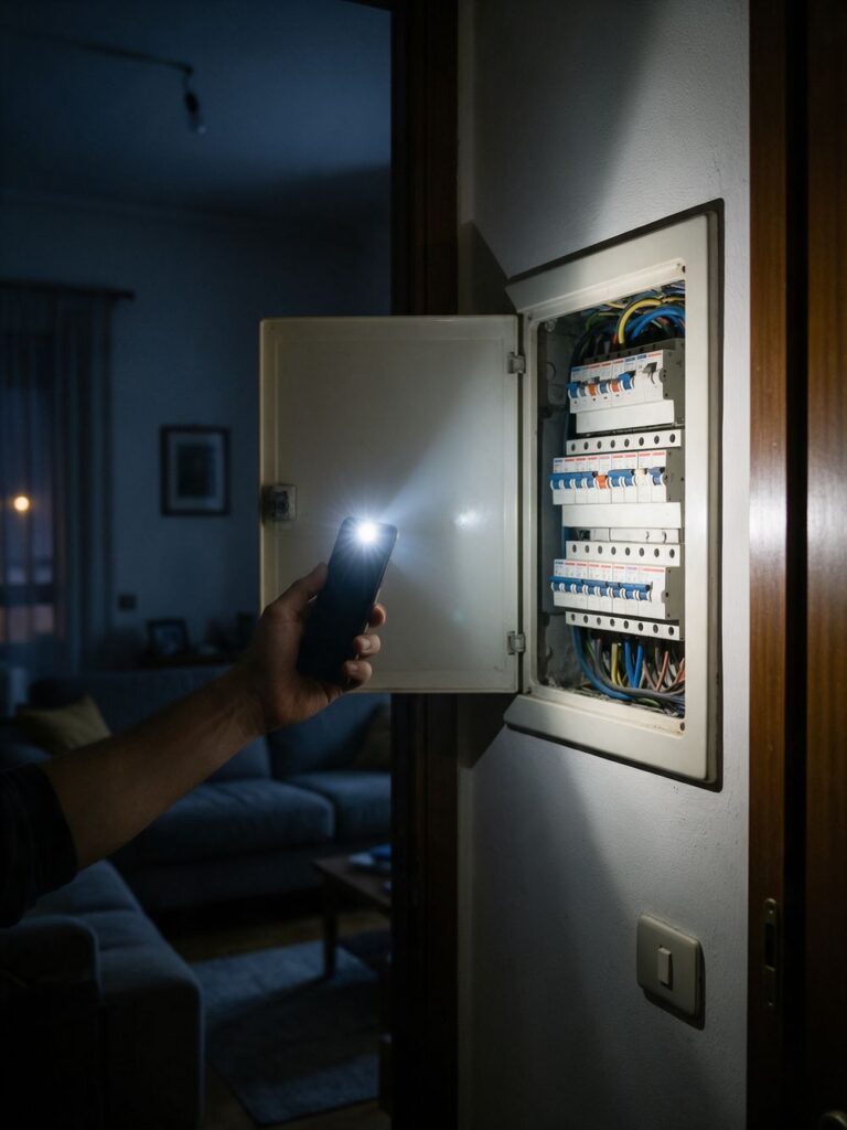 Casa senza corrente di notte: quadro elettrico illuminato con la torcia del telefono