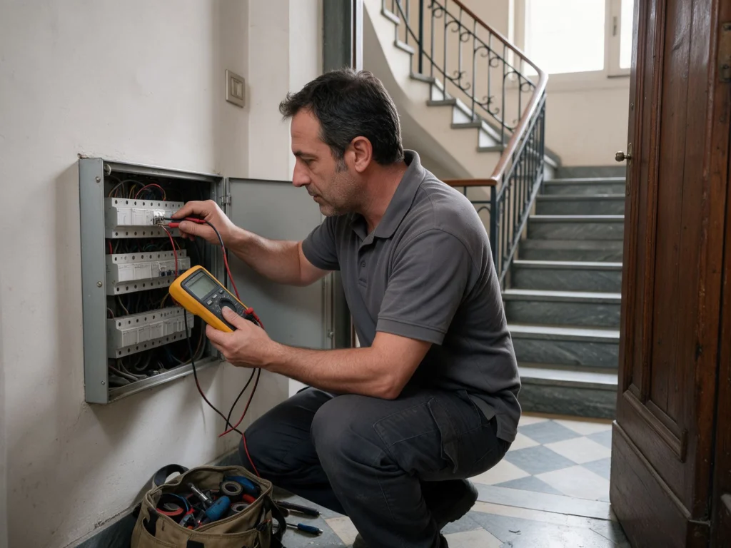 Elettricista a Genova controlla il quadro elettrico di un appartamento con il tester