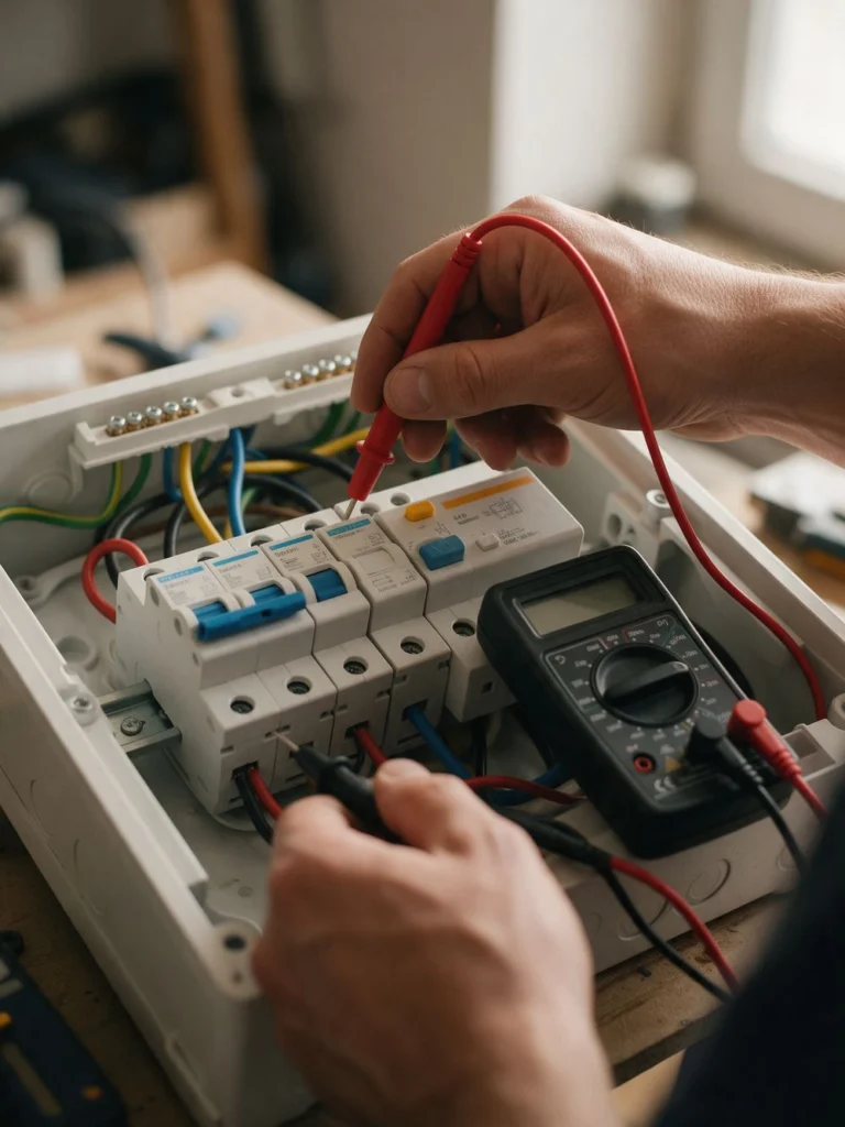 Elettricista prova interruttori e salvavita del quadro elettrico con il multimetro