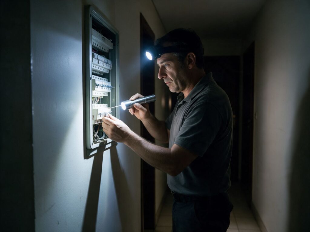 Elettricista urgente a Genova di notte controlla il quadro elettrico di una casa senza corrente