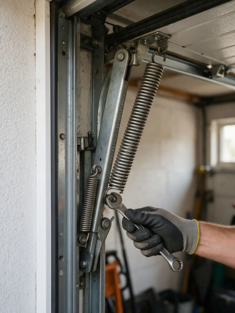 Molle e meccanismo della porta basculante del garage durante la riparazione