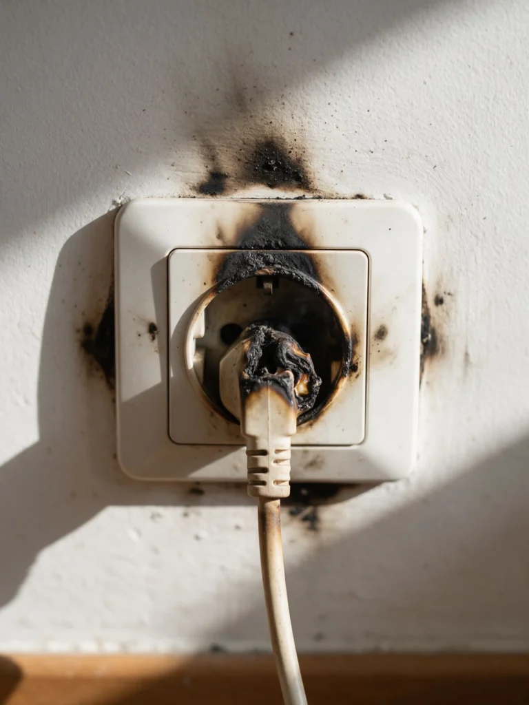 Presa elettrica bruciata con segni neri dopo un corto circuito in casa