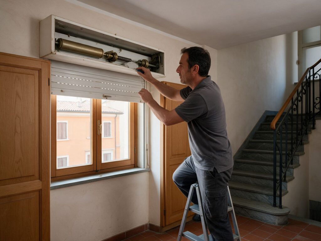 Riparazione tapparelle a Genova: tecnico al lavoro sul rullo dentro il cassonetto