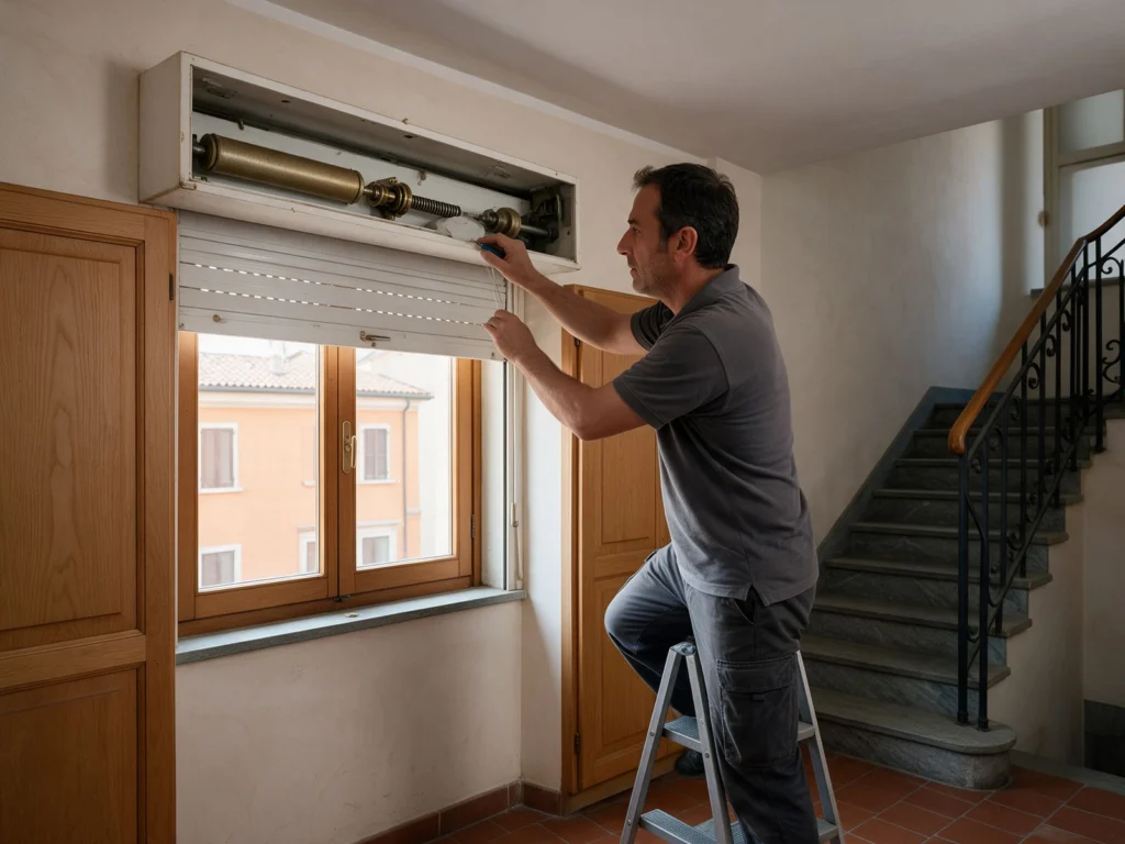 Riparazione tapparelle a Genova: tecnico al lavoro sul rullo dentro il cassonetto