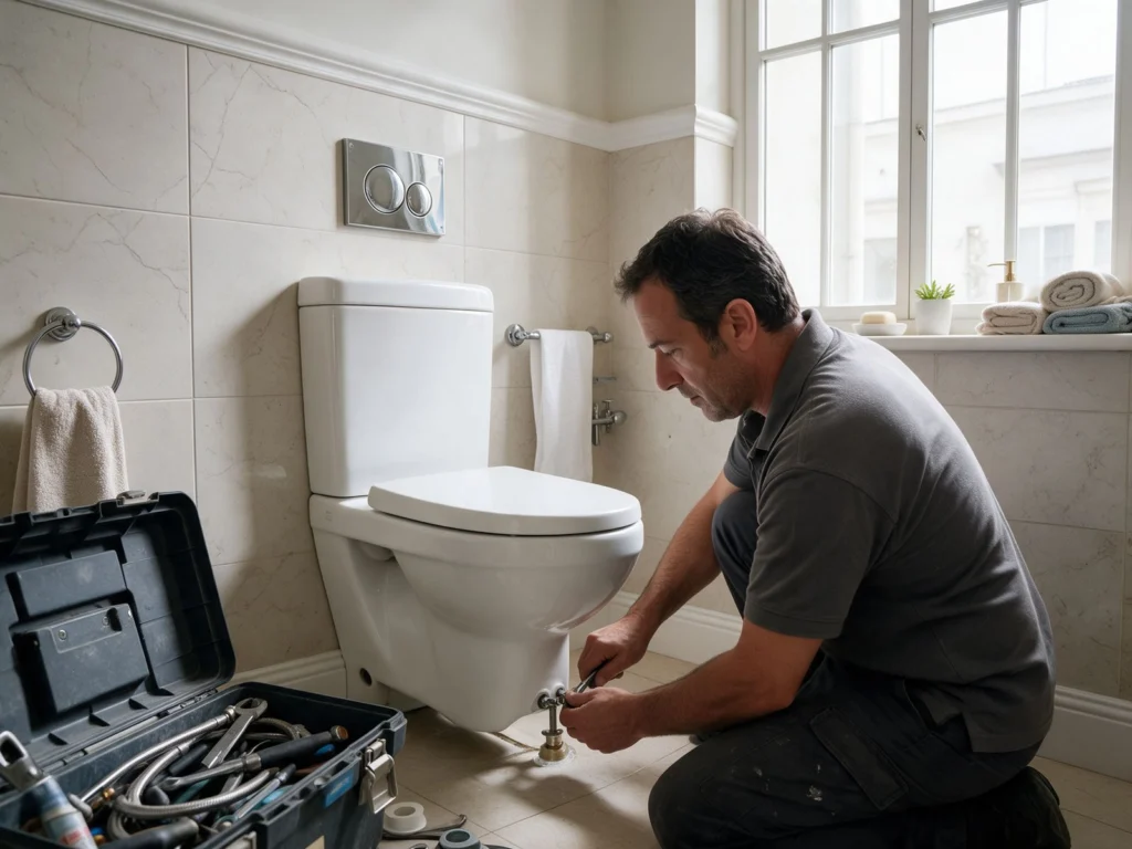 Idraulico a Genova installa un nuovo WC durante la sostituzione dei sanitari