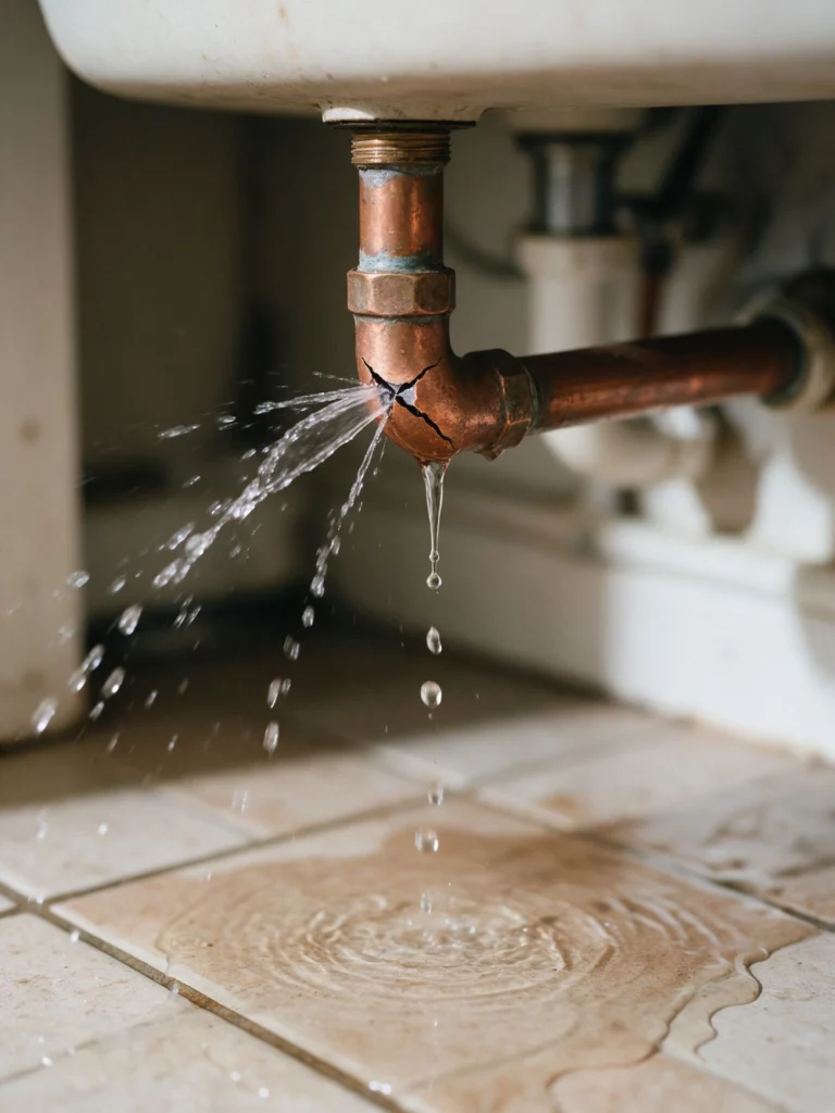Tubo rotto che perde acqua e allaga il pavimento