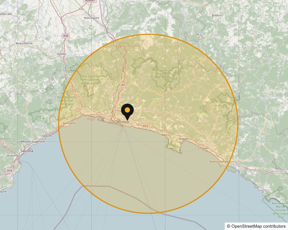 Mappa della zona servita da Pronto Intervento Genova: Genova e CittΓ Metropolitana, da Arenzano a Sestri Levante