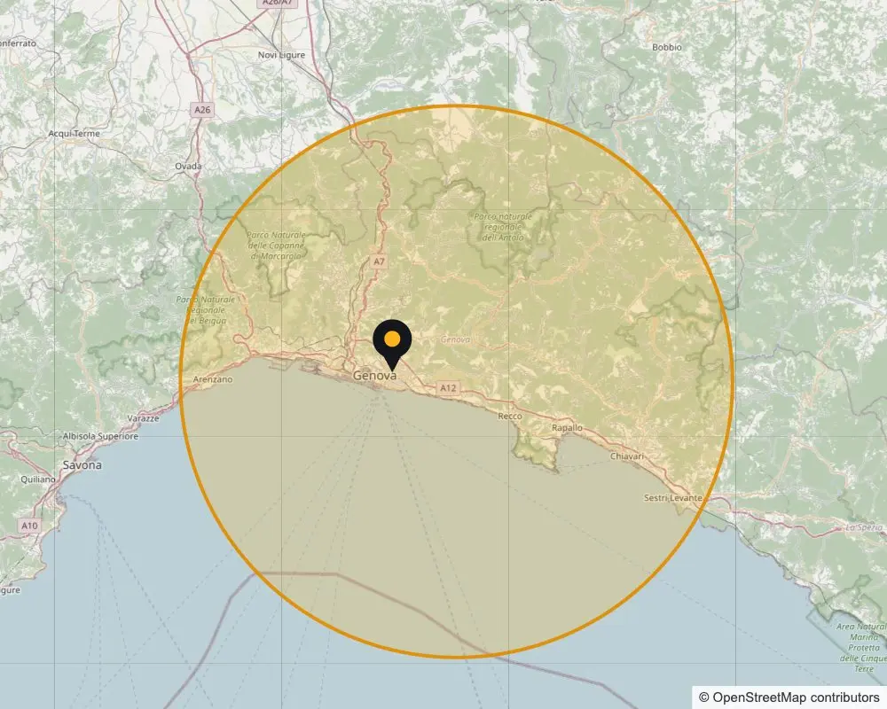 Mappa della zona servita da Pronto Intervento Genova: Genova e CittΓ Metropolitana, da Arenzano a Sestri Levante