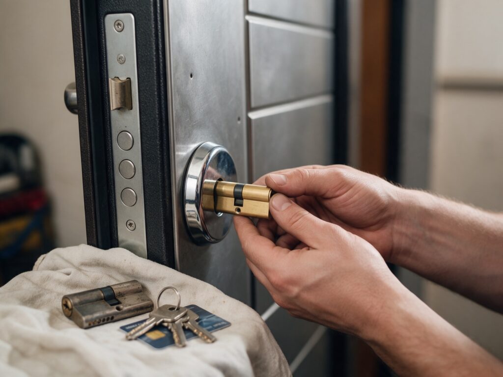 Sostituzione del cilindro europeo su porta blindata con defender cromato, vecchio cilindro e chiavi nuove