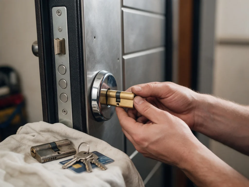 Sostituzione del cilindro europeo su porta blindata con defender cromato, vecchio cilindro e chiavi nuove